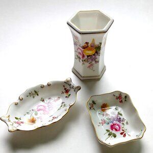 Royal Crown Derby Posies 2 Small Dishes & Vase Open Trinket Vanity Set of 3 Pcs.